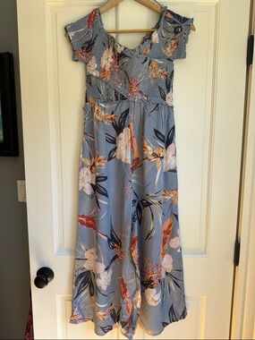 Patrons of Peace Blue Floral Smocked Wide Leg One Piece